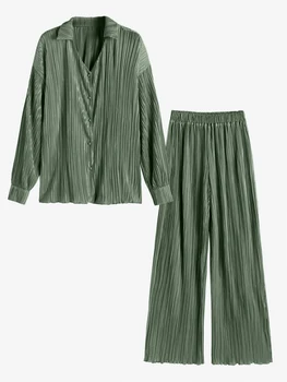ZAFUL Plisse Pilili Düğme Gömlek ve pantolon Kadın Düz Takım Elbise İki Adet Kıyafetler Ofis Bayan günlük pantolon Seti
