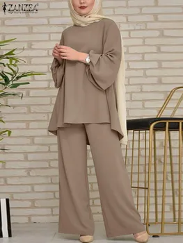 ZANZEA 2 ADET Düz Renk Müslüman Setleri O-Boyun Uzun Kollu Bluz Geniş Bacak Pantolon Zarif Rahat Gevşek Dubai Abaya Kaftan Eşofman
