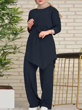 ZANZEA Kadınlar Gevşek Eşofman Abaya Kaftan Müslüman Setleri O-boyun Uzun Kollu Bluz Geniş Bacak Pantolon Zarif Parti İslami Giyim