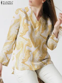 ZANZEA Moda V Boyun Uzun Kollu Baskılı Bluz Kadın Sonbahar Gömlek Casual Tatil Tunik Üstleri Kadın Zarif OL Blusas Chemise