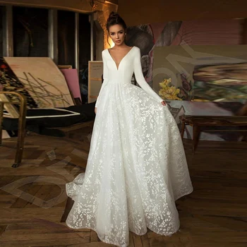 Zarif Backless Leke Dantel düğün elbisesi Uzun Kollu Beyaz Tasarım gelinlikler Vestido de Novia Kapalı Düğme İle