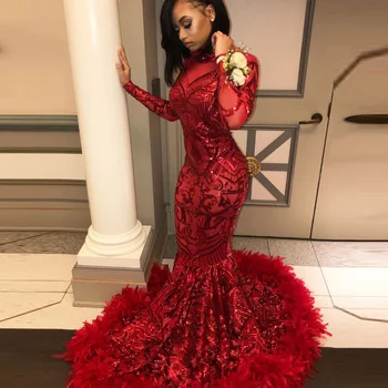 Zarif Kırmızı Dantel Sequins balo kıyafetleri 2023 Afrika Kadınlar Siyah Kız balo elbisesi Uzun Kollu Mermaid Akşam Örgün Parti Giyim