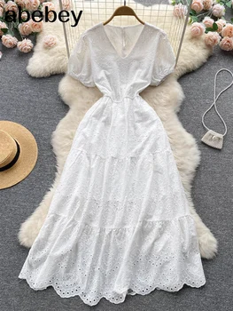 Zarif oyma dantel fırfır A-line beyaz kadın elbise Ofis bayan 2022 elbiseler Kadın yüksek bel Maxi Uzun vestido