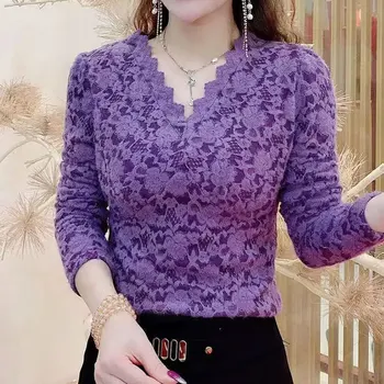 Zarif Seksi Çiçek dantel kesik dekolte T-shirt Sonbahar Kış Kalın Sıcak kadın giyim Düz Renk İnce V Yaka Kore Kazaklar