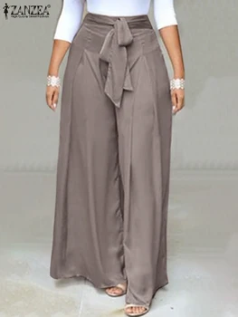 Zarif Yüksek Bel Katı Çalışma Pantolon ZANZEA Moda Yaz Kadın Gevşek Geniş Bacak Pantolon Palazzo Boy papyon Uzun Pantalon
