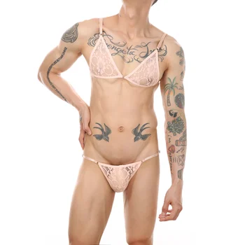ZEKİ-MENMODE Dantel İç Çamaşırı Sutyen Seti Erkekler Sissy Külot Mini İç Çamaşırı Tanga Crossdressing Kıyafeti Spagetti Sapanlar Kostüm