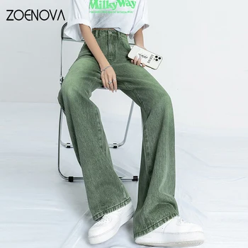 ZOENOVA Şalvar Kot Yeşil Kadın 2022 Vintage Streetwear Y2k Kore Moda Jean Kot Pantolon Düz Geniş Bacak Kadın Tulum