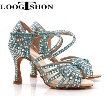 Çapraz askılı Loogtshon Saten dans ayakkabıları, 7 bantlı, tamamen iki boyutlu kristal yapay elmaslarla kaplı, uygun