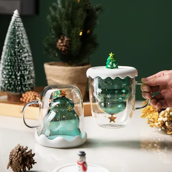 Çift ısıya dayanıklı cam kahve fincanı Noel Ağacı saplı ve kapaklı süt su bardağı sevimli ev kahvaltı viski kupa