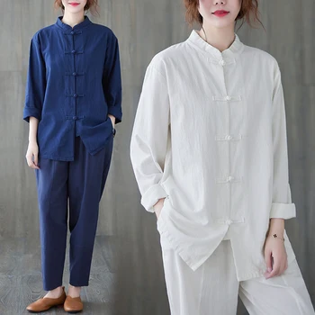 Çin Tarzı Donanma Beyaz Tang Takım Elbise Kadın Pamuk Keten Gömlek Qipao Ceket Bluz harem pantolon Zen Çayı Kung Fu Oryantal Giyim Seti