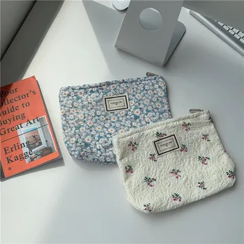 Çiçek Kozmetik Çantası Pamuklu Kumaş Kadın Makyaj çanta Japonya Tarzı Fermuar kozmetik torbası Vintage Telefon Debriyaj Güzellik Durumda