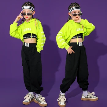 Çocuk Balo Salonu Caz Kostüm Hip Hop Kız Giyim Yeşil Üstleri Siyah Hip Hop Pantolon Çocuklar İçin Performans Modern Dans Elbise