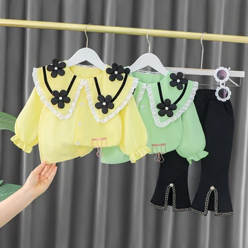 Çocuk Bebek Kız 2 Adet Giyim Seti Baskılı çiçekler Gömlek kot pantolon 2022 İlkbahar Sonbahar Kız Elbise 1-4 Yaşında Çocuklar kıyafet