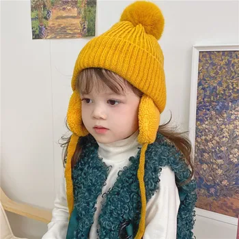 Çocuk Kış Yeni Moda Yün Windproof Sıcak EarFlaps Pompoms İle Sevimli Örme Kaşmir Şapka 3-12 Yıl Pamuk Kap 