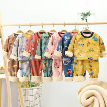 Çocuk Pijama Kış Çocuk giyim setleri Sıcak Polar Pijama Boys Kalınlaşmak Dinozor Kız Pijama Bebek termal iç çamaşır