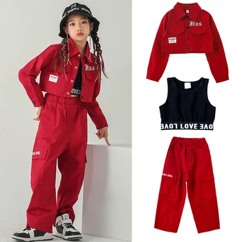 Çocuklar Genç Kpop Kıyafetler Hip Hop Giyim Kızlar İçin Caz Kostümleri Kırmızı Gömlek Pantolon Sokak Dans Elbise Performans Giyim SL7505