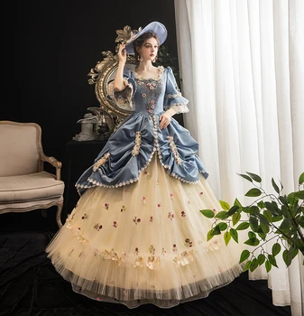 Özelleştirilebilir Yüksek Kalite Avrupa Ortaçağ Mahkemesi Elbise Kadınlar Kraliçe Cosplay Kostüm Vintage Mavi Balo Balo Abiye