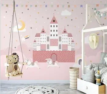 Özelleştirilmiş çocuk karikatür duvar kağıdı İskandinav pembe kale prenses odası yıldızlı gökyüzü çocuk arka plan duvar 3d duvar kağıdı