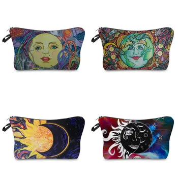 Özelleştirmek toprak güneş ay baskı kozmetik çantaları ısı transferi desen kadın makyaj çantası karikatür moda taşınabilir hediye kalem kutuları