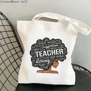 Öğretmen malzemeleri Alışveriş çantası Afrika Amerikan Öğretmen Kawaii Çanta Harajuku kanvas alışveriş çantası kız Tote Omuz Bayan hediye çantası