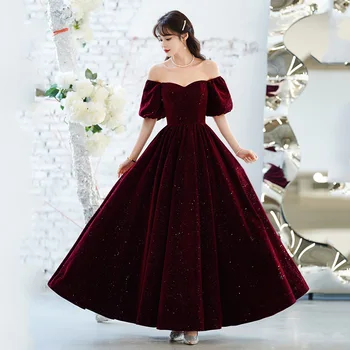 Şarap Kırmızı Sequins Akşam Elbise Zarif Kare Yaka Kadife Prenses Puf Kollu Kapalı Omuz Resmi Ziyafet Uzun Elbiseler