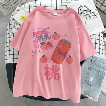 Şeftali Suyu İçecek Baskı T-shirt Kadın Harajuku Estetik Pembe Üst Tshirt Blusas 2021 Yeni Kore Moda Y2k Rahat Kadın T Shirt
