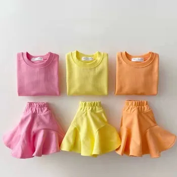 Şeker Renk Çocuklar Uzun Kollu Giyim Seti Rahat Kazak Moda Pijama Bebek Kız Katı Etekler Moda Çocuk 2 adet Takım Elbise