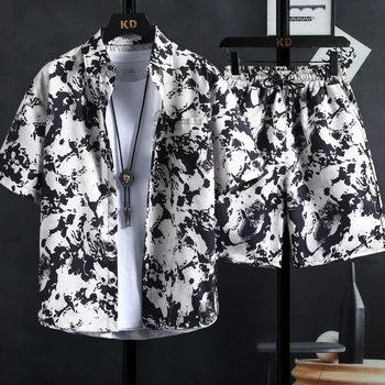 【M-3XL】 Yeni erkek baskılı gömlek setleri, yüksek kalite moda trendi şort, Hawaii tarzı rahat çiçek üstleri, INS sıcak erkek ve kadın