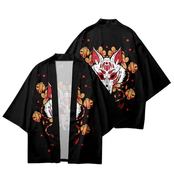 Artı Boyutu Tilki Streetwear Yaz Giyim Anime Baskı Geleneksel Kimono Japon Erkek Kadın Yukata Hırka Siyah Cosplay Haori